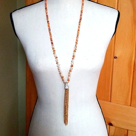 Hand Crafted Glass Bead and Austrian Crystal Gold Tone Tassel Necklace